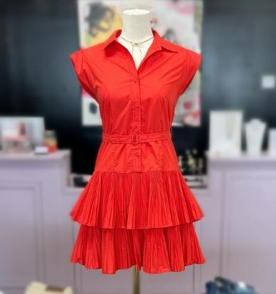 Red Tiered Belted Sleeveless Dress