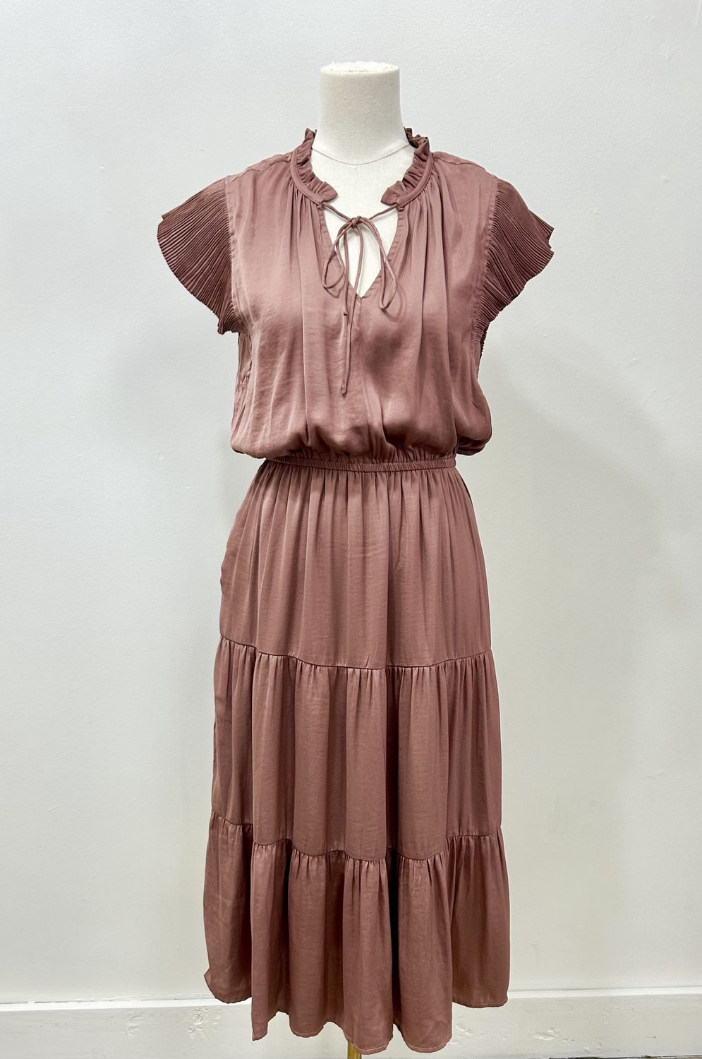 Mauve Satin Pleated Midi Dress