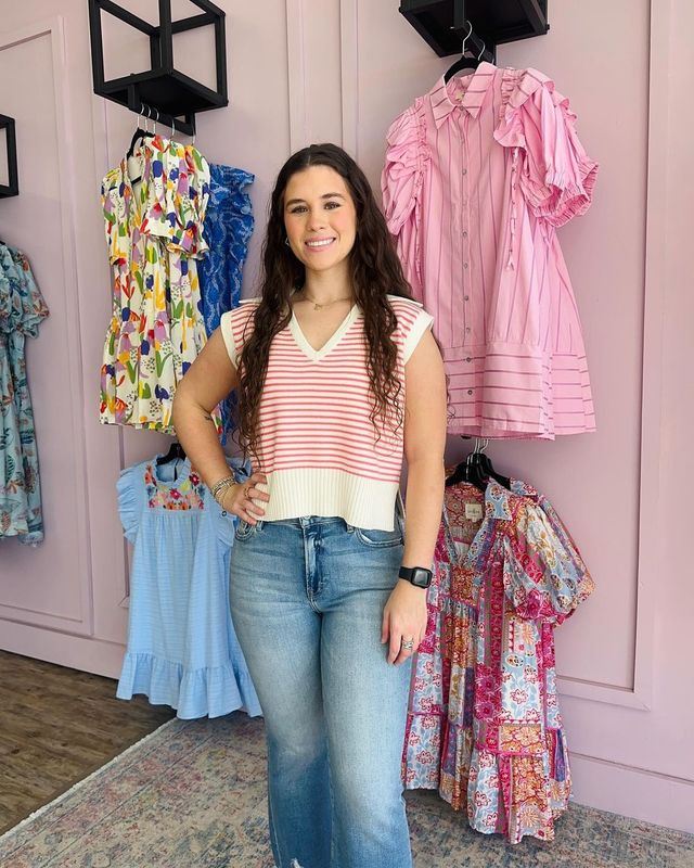 Coral Striped V-Neck Sweater Top