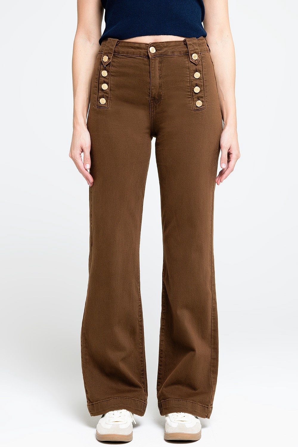 Monica Gold Button Flaire Jeans in Brown
