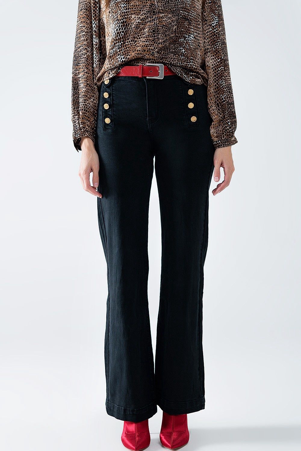 Monica Gold Button Flaire Jeans in Black