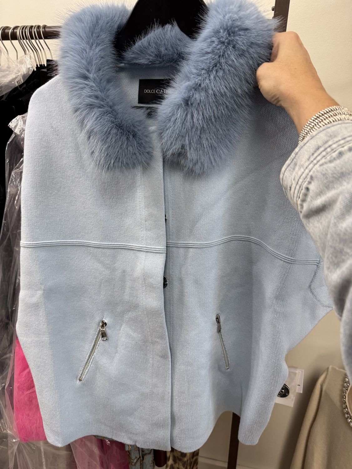 Kandi Faux Fur Trim Cardigan In Baby Blue