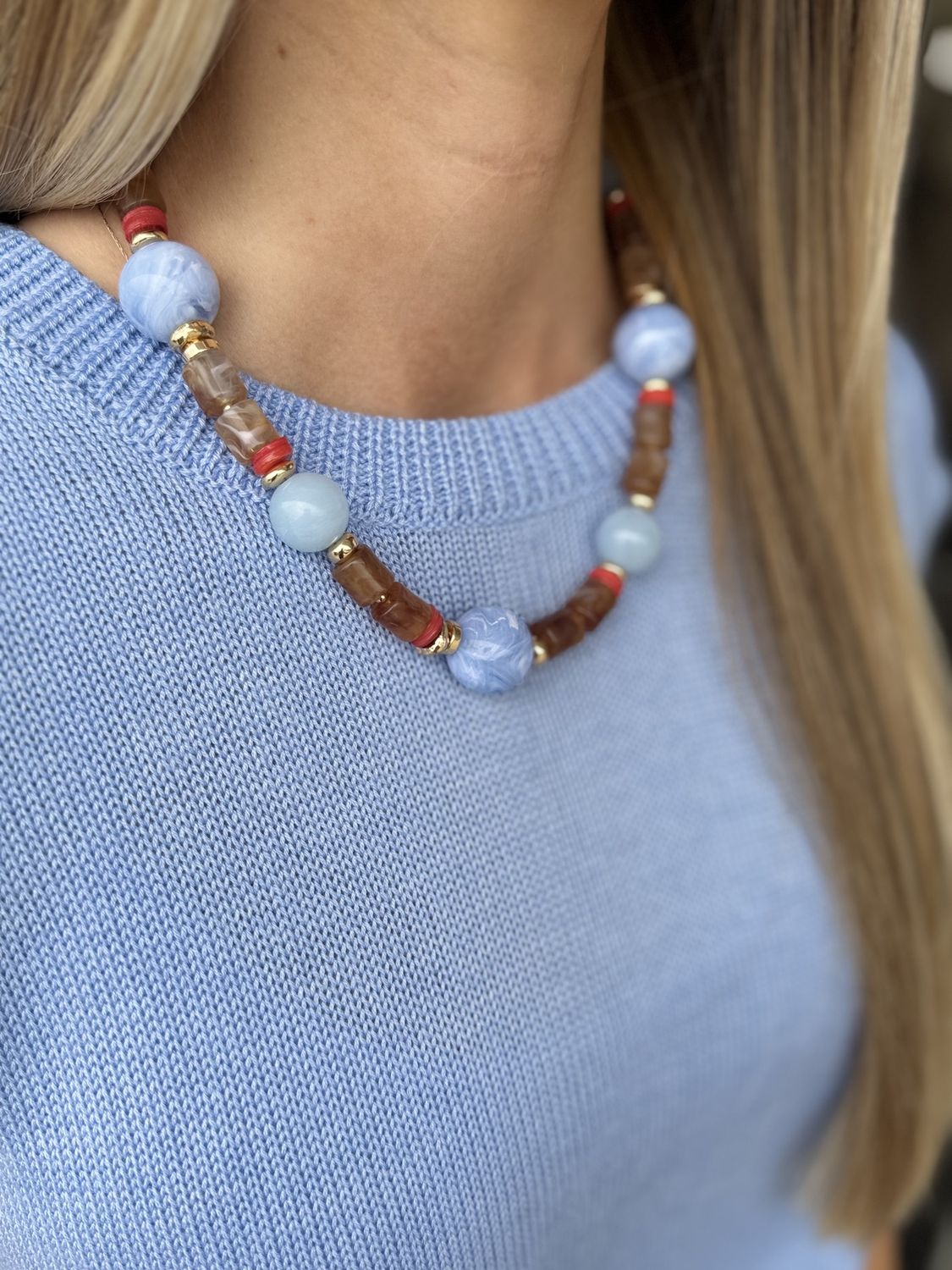 Stone Ball (Lt.Blue) Beaded Necklace