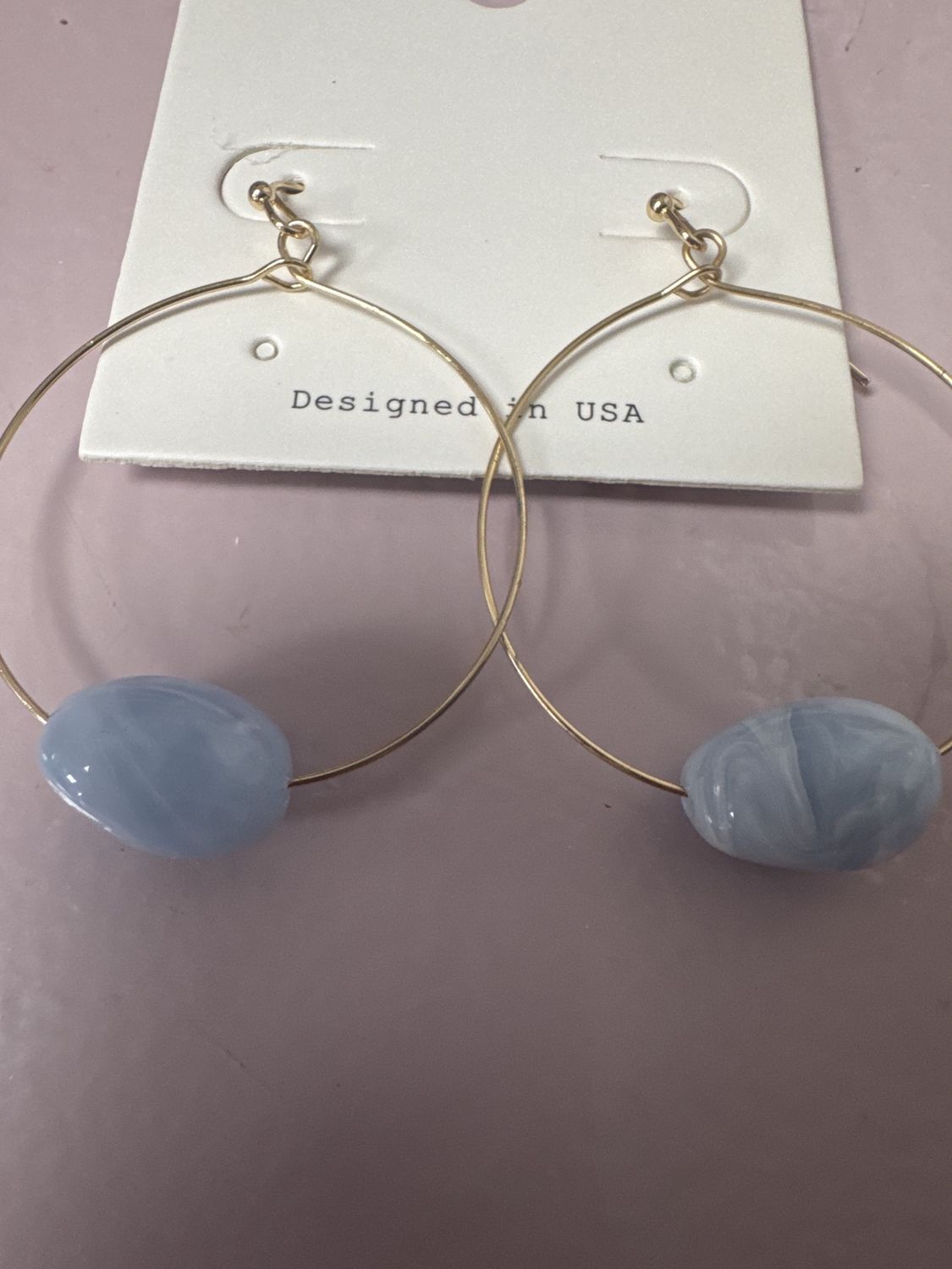 Lt Blue Marble Oval Stone Wire Earring