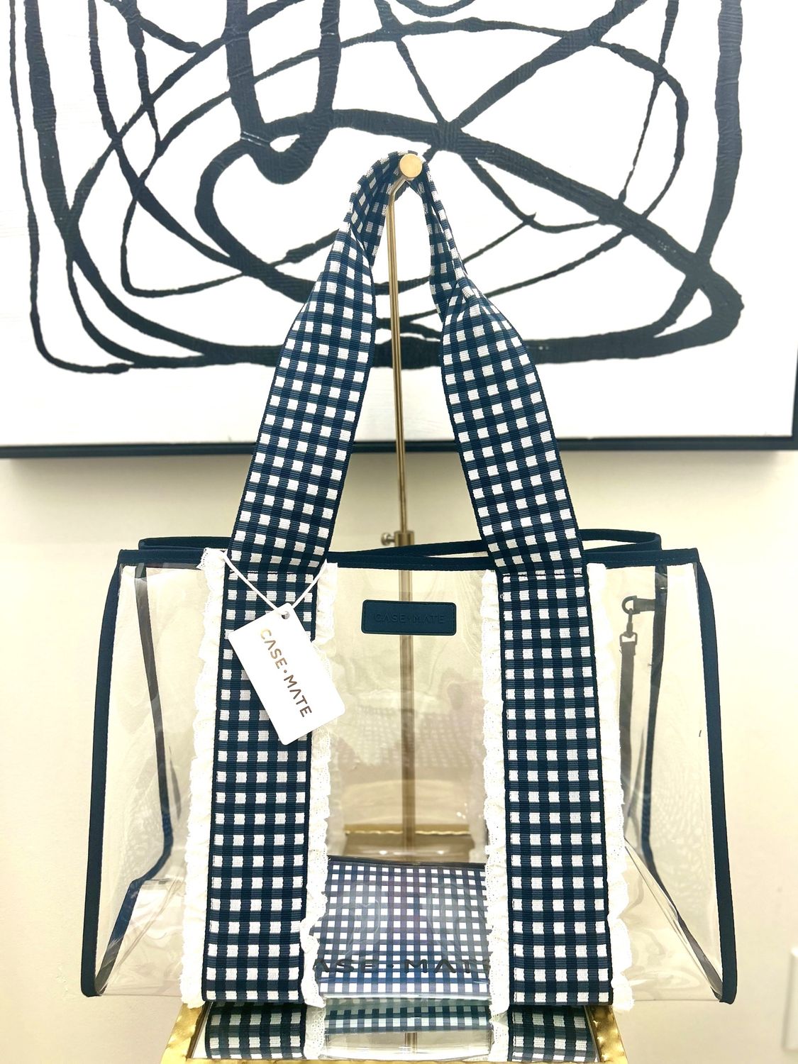 Clear Navy Gingham Eyelet Ruffle Tote