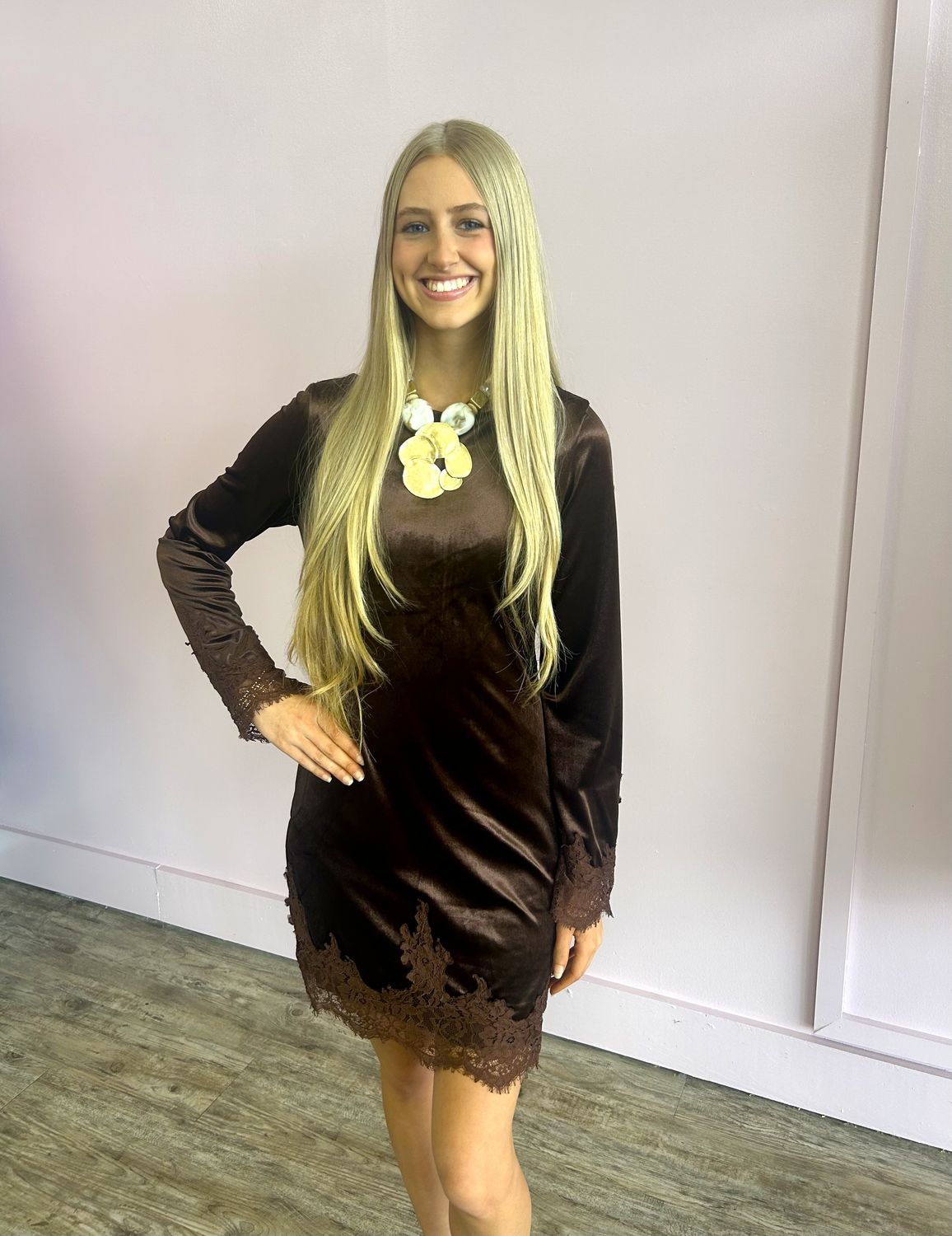 Mandi Velvet Dress W/Lace Trim