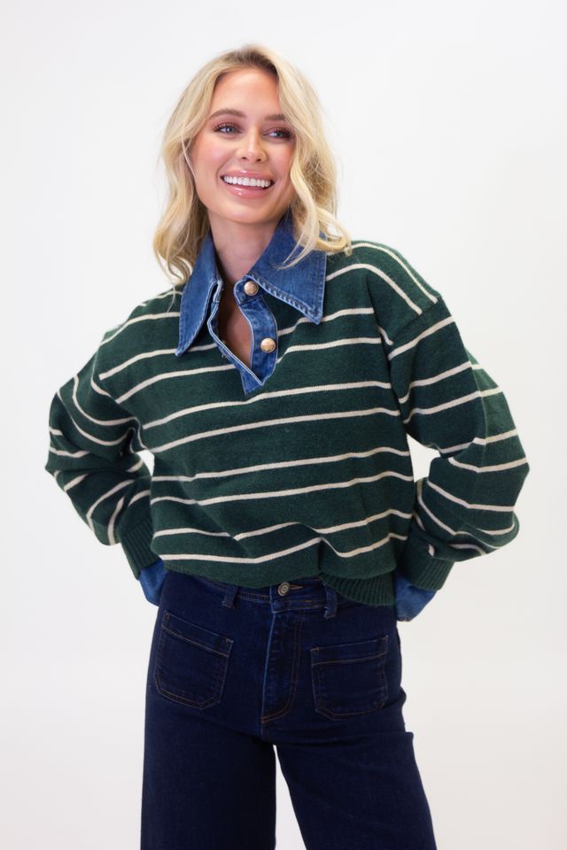 Karlie Green Denim Collar Sweater