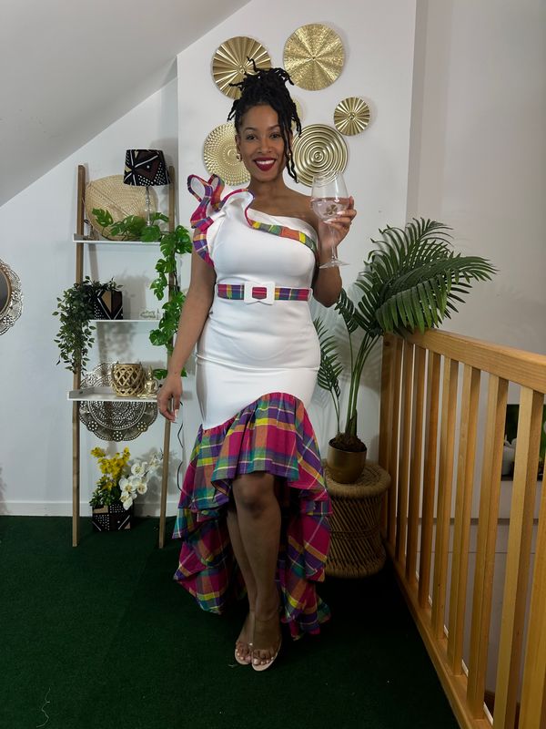 Robe Maxi Asymétrique Blanche Madras