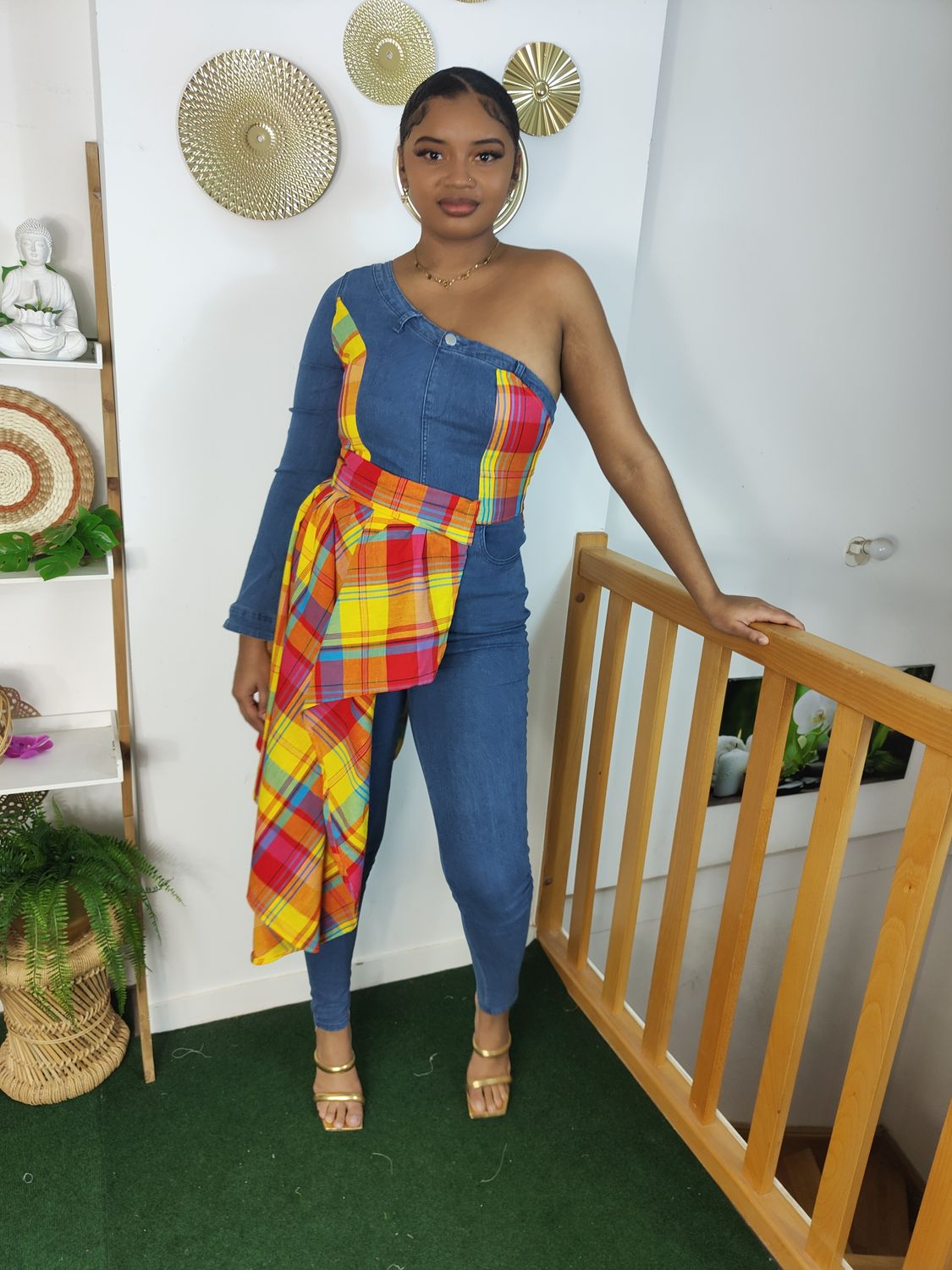 Combinaison pantalon jean asymétrique en  Madras