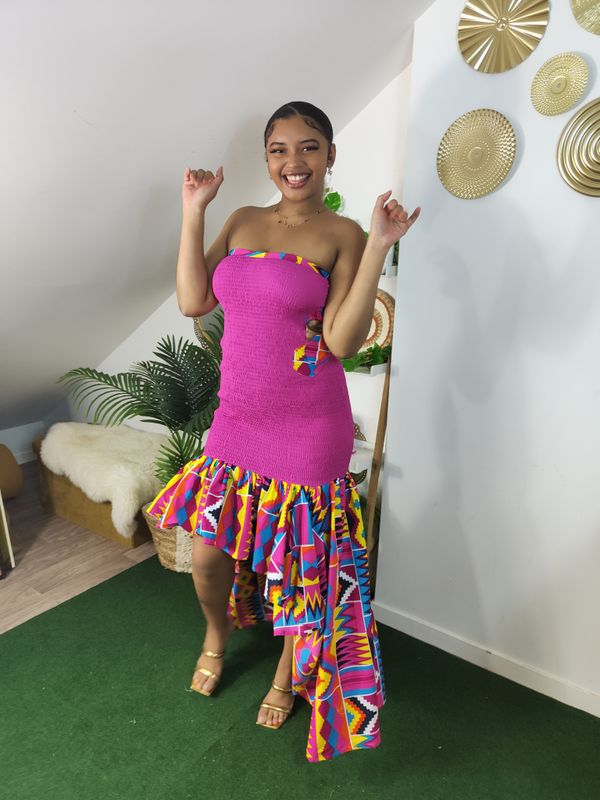 Robe Maxi Bustier Rose Côtelée et Madras
