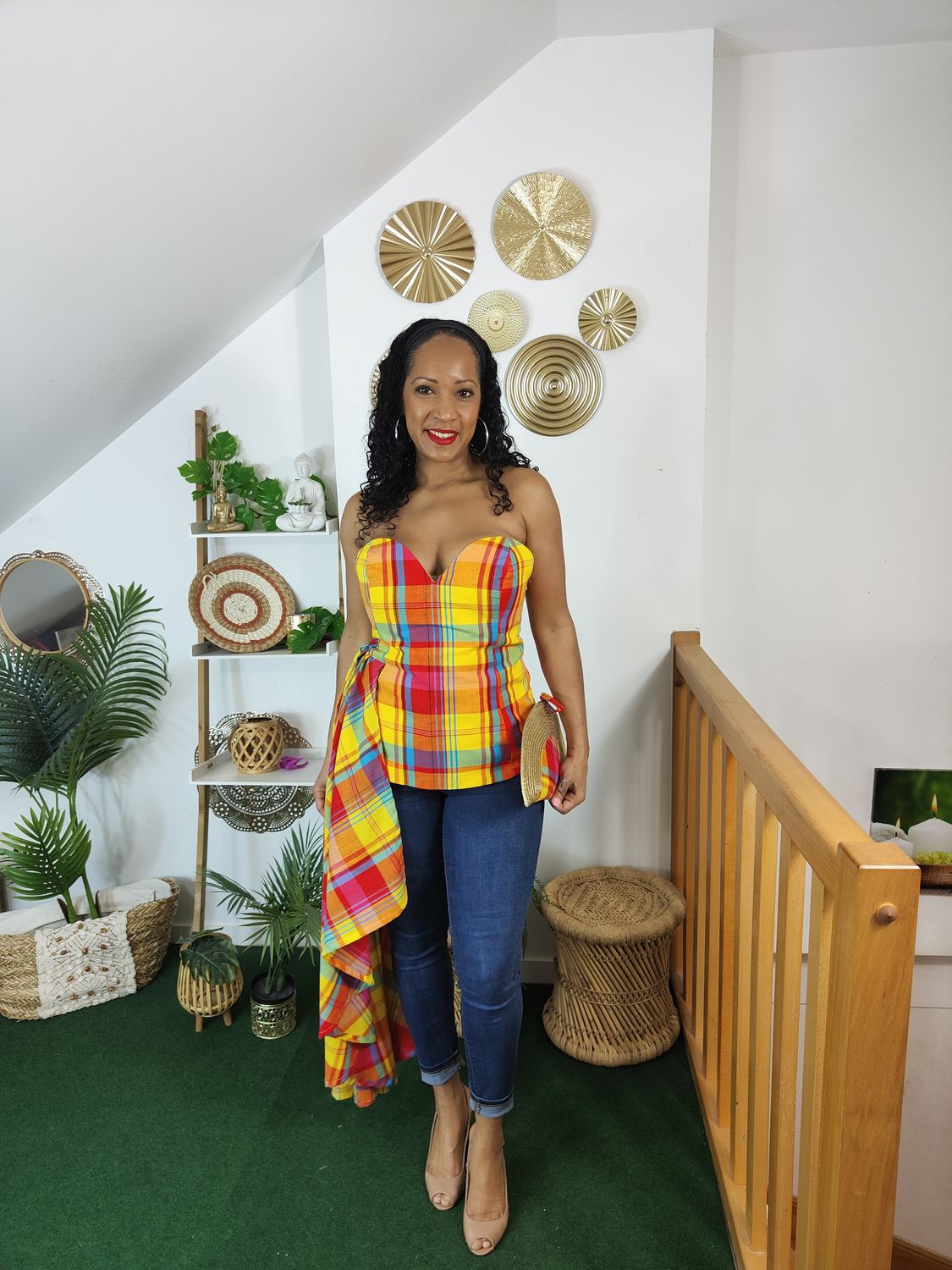 Top Bustier asymétrique Madras fermeture éclair au dos