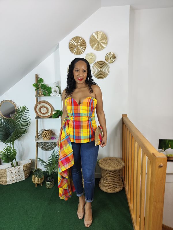 Top Bustier asymétrique Madras fermeture éclair au dos