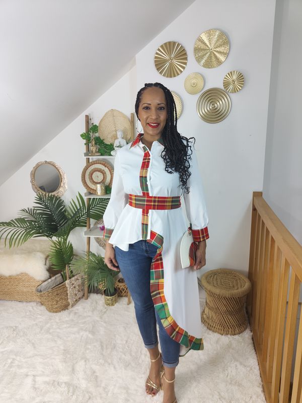 Tunique Chemisier asymétrique Blanche Madras