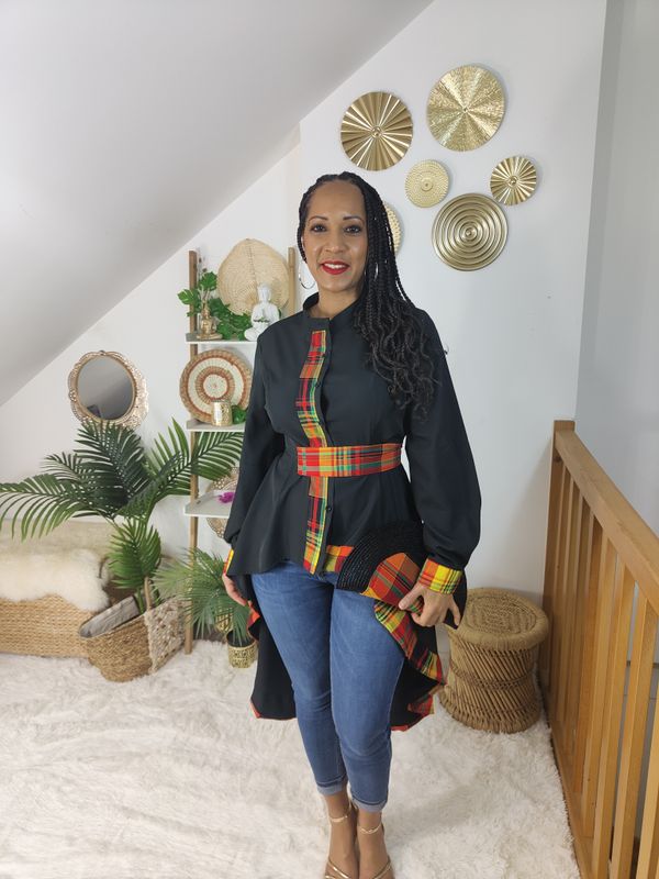 Tunique Chemisier asymétrique Noir Madras col Mao