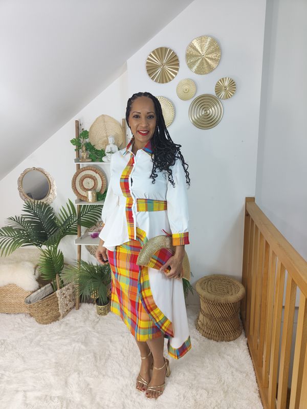 Ensemble Jupe Madras avec Blouse Dentelle