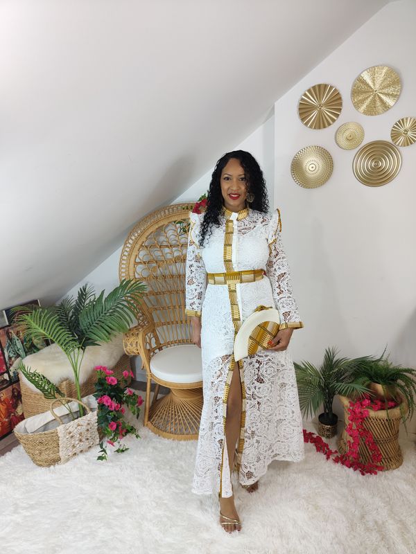 Robe Maxi Blanche Dentelle guipure et Wax