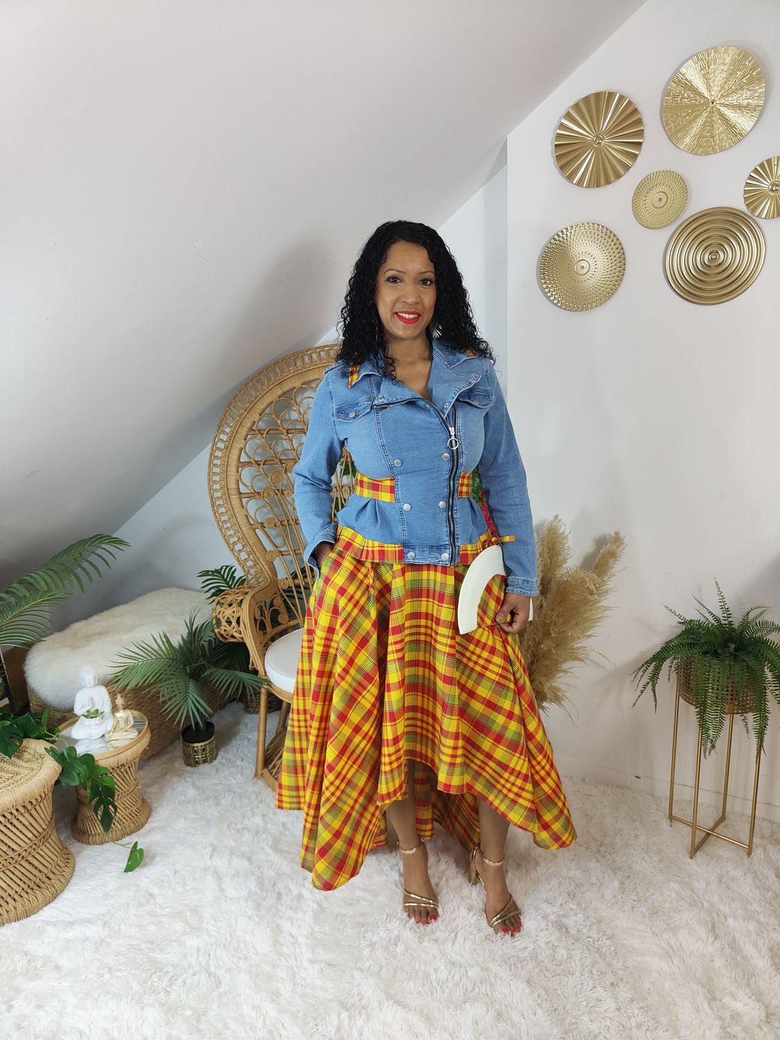 Ensemble Jupe trapèze Madras et Veste Perfecto jeans