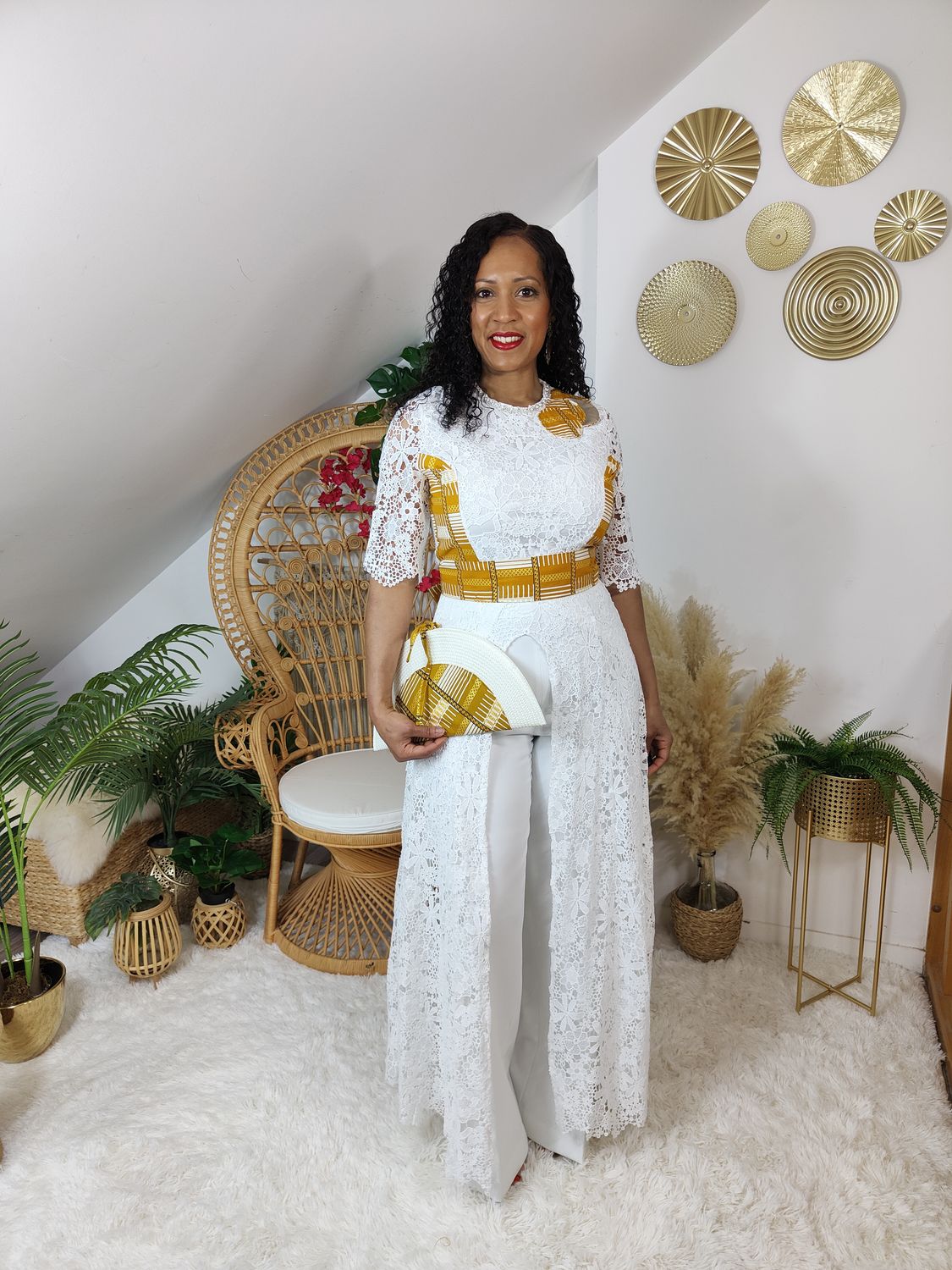 Tunique dentelle blanche guipure wax pailleté doré