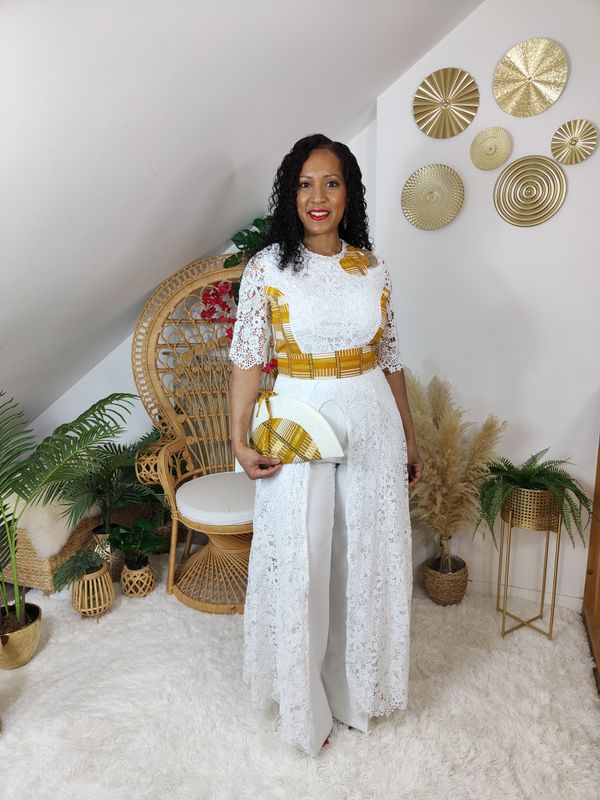 Tunique dentelle blanche guipure wax pailleté doré