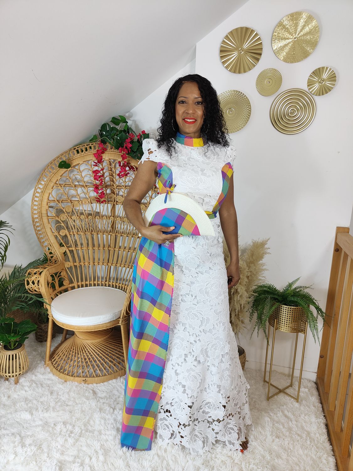 Robe Maxi Blanche Dentelle guipure et Madras