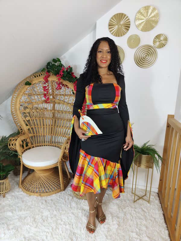 Robe manches longues noir Madras