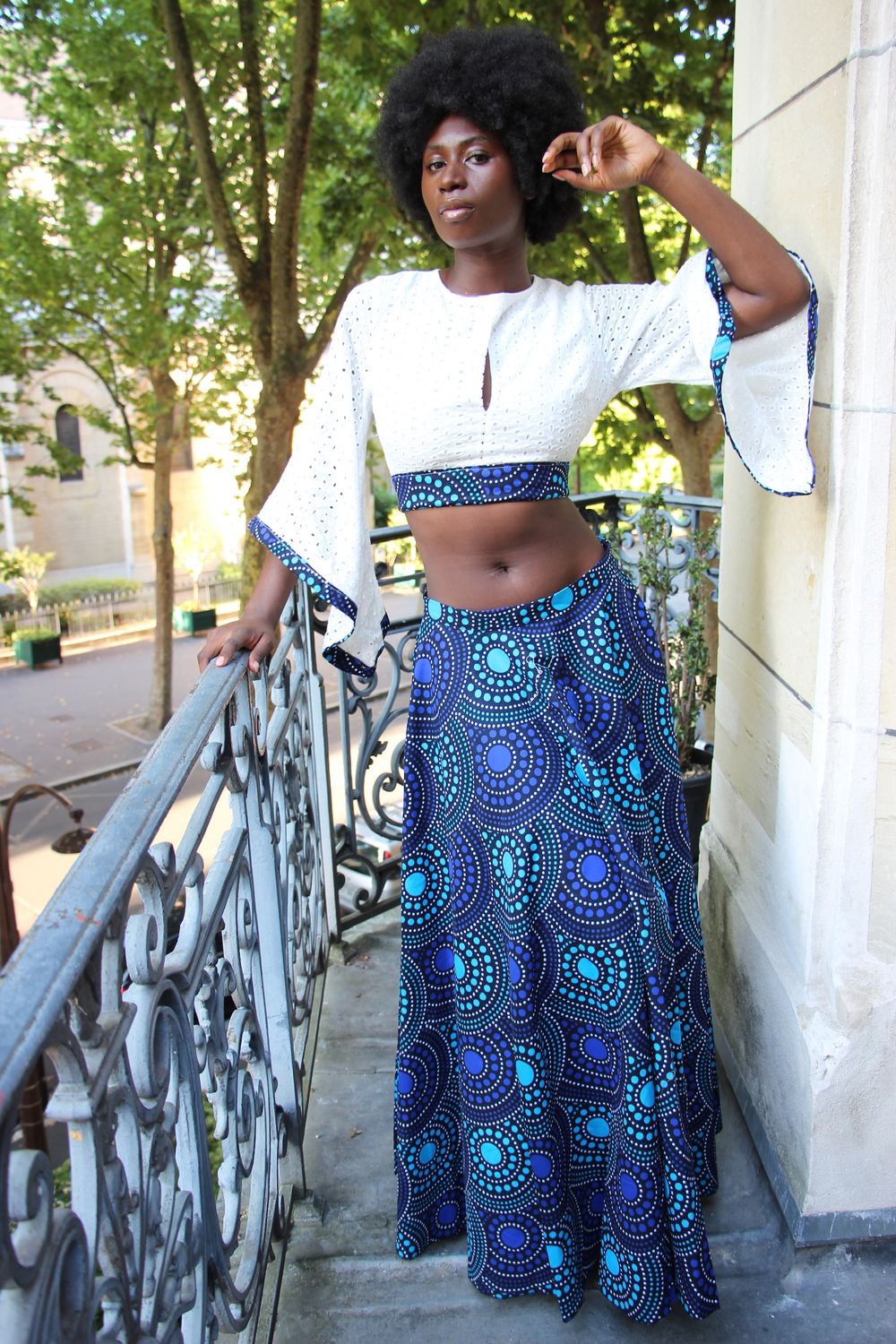 Ensemble Jupe trapèze Wax et top dos nu broderie anglaise