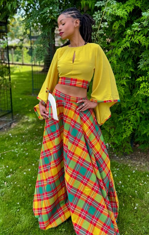 Ensemble Jupe trapèze Madras et top asymétrique