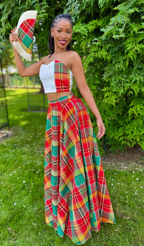 Ensemble Jupe trapèze Madras et top bustier