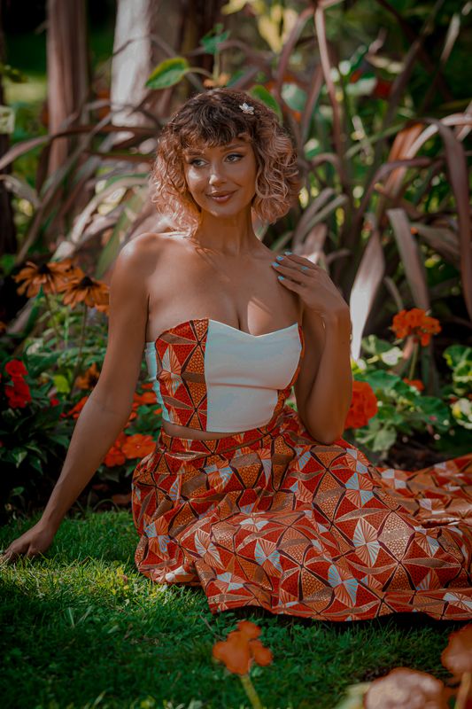 Ensemble Jupe trapèze Wax et top bustier wax orange