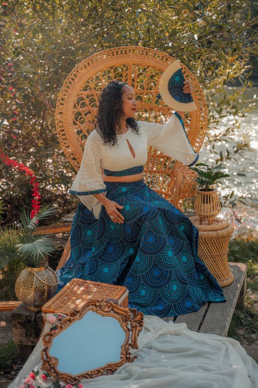 Ensemble Jupe trapèze Wax et top dos nu broderie anglaise