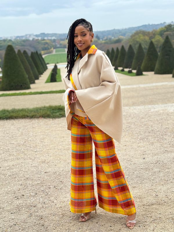 Pantalon taille haute palazzo madras