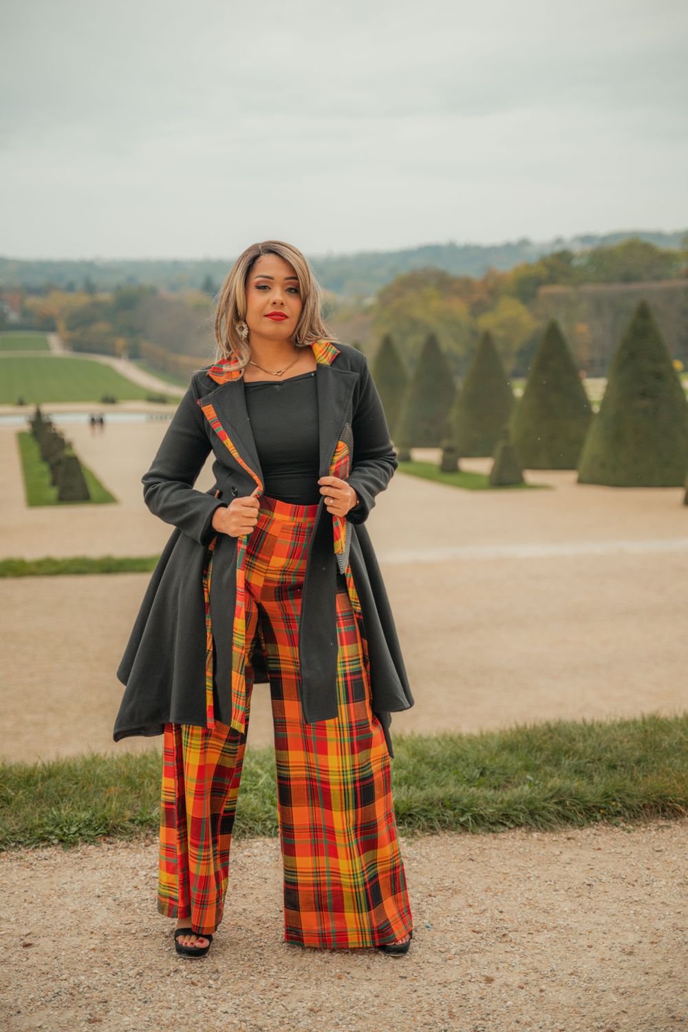 Pantalon taille haute palazzo Madras tendance chic