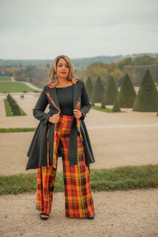 Pantalon taille haute palazzo Madras tendance chic