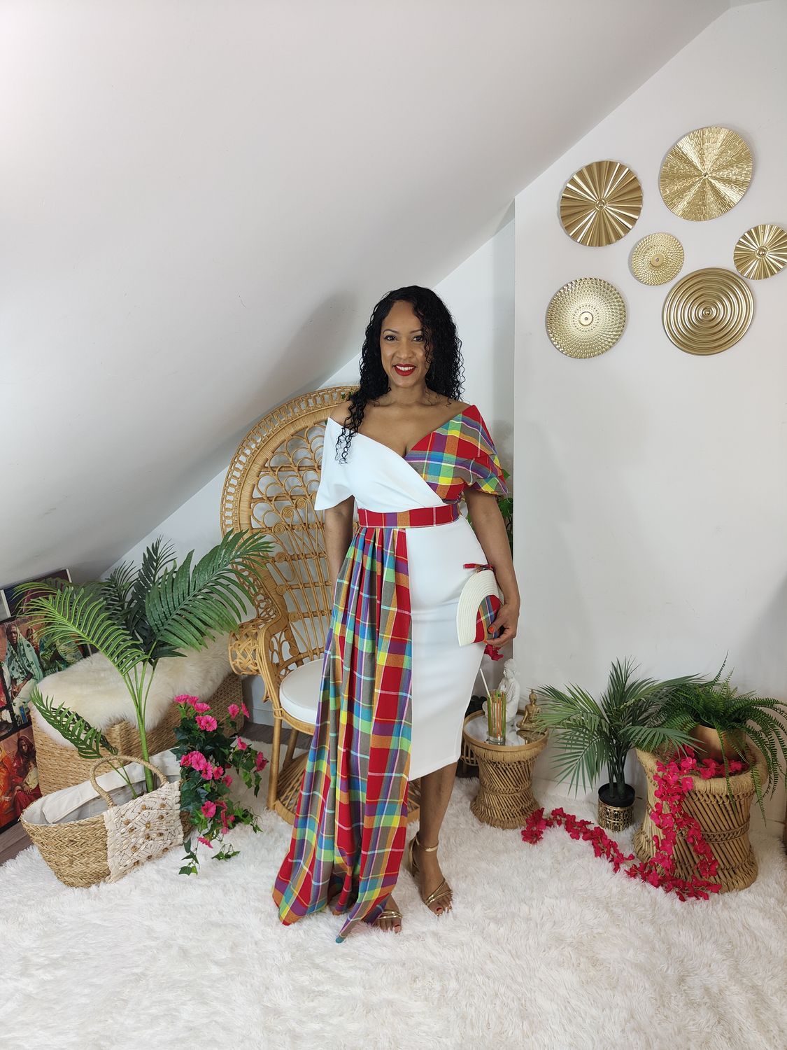 Robe épaules dénudés Asymétrique Blanche Madras Robe épaules dénudés Asymétrique Blanche Madras