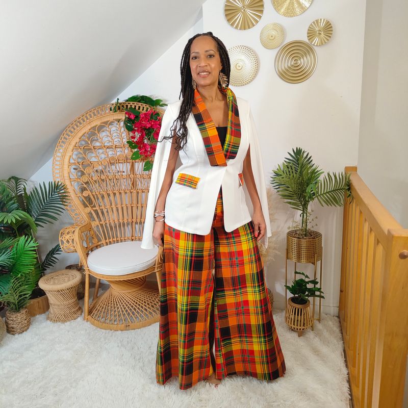 Pantalon taille haute palazzo Madras tendance chic