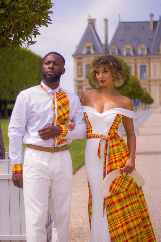 Robe mariée épaules dénudées drapé Madras Robe mariée épaules dénudées drapé Madras