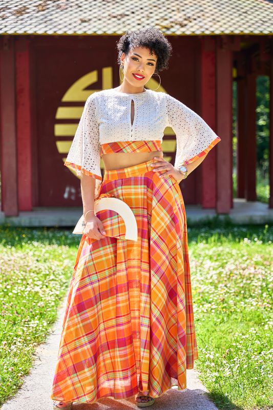 Ensemble Jupe trapèze Madras et top bustier