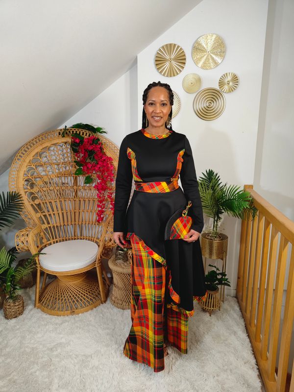 Ensemble tunique pantalon taille haute palazzo madras Ensemble tunique pantalon taille haute palazzo madras