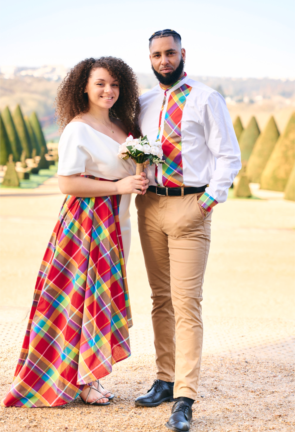 Robe épaules dénudés Asymétrique Blanche madras Robe épaules dénudés Asymétrique Blanche madras