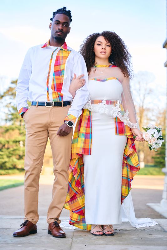 Robe marié bustier drapé Madras et cap assortie Robe marié bustier drapé Madras et cap assortie