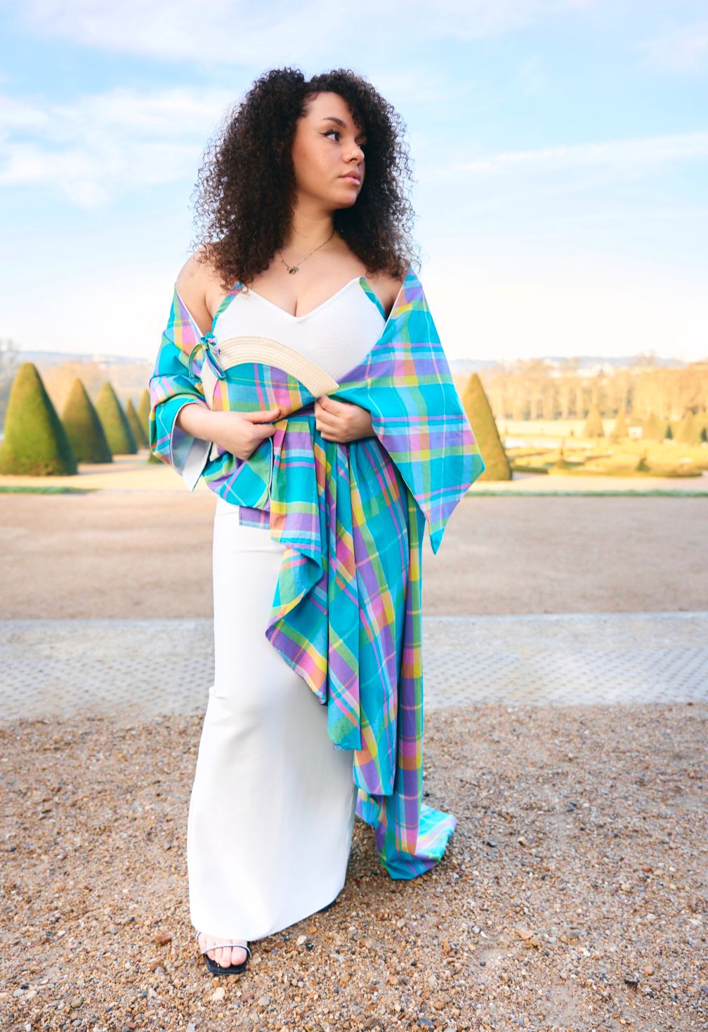 Ensemble Robe Bustier sirène drapé Madras asymétrique et châle assorti