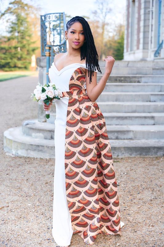 Robe mariée épaules dénudées drapé Madras Bleu Robe mariée épaules dénudées drapé Madras Bleu