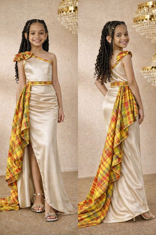 Robe fille asymétrique drapé asymétrique Madras Robe fille asymétrique drapé asymétrique Madras