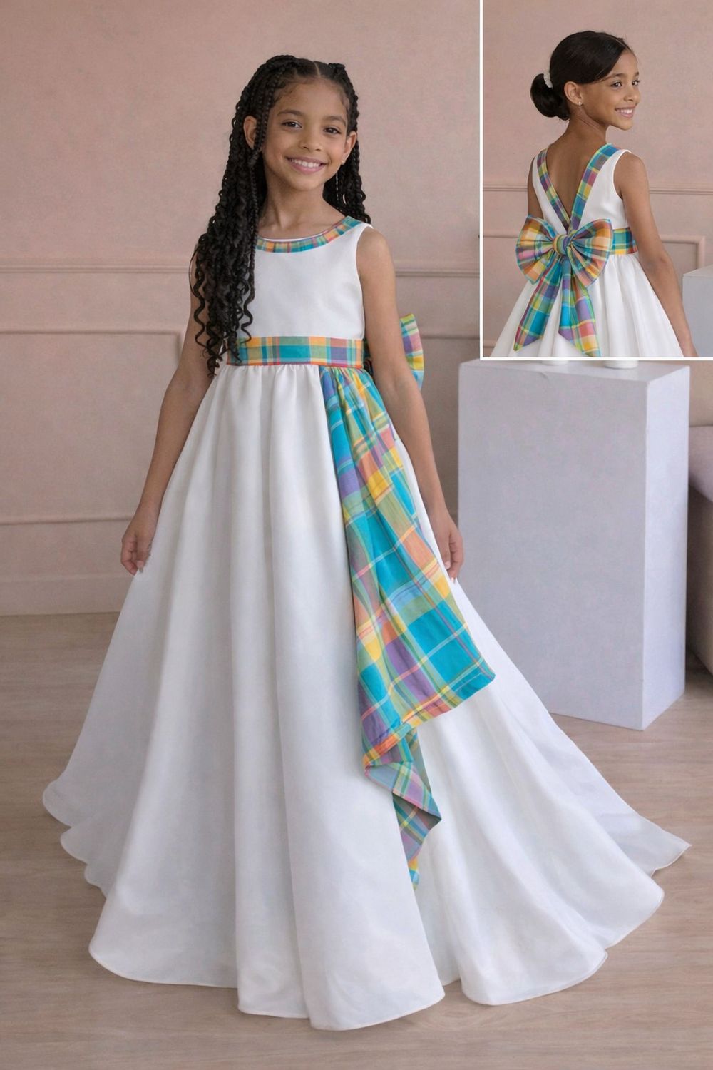 Robe fille forme trapèze drapé Madras asymétrique