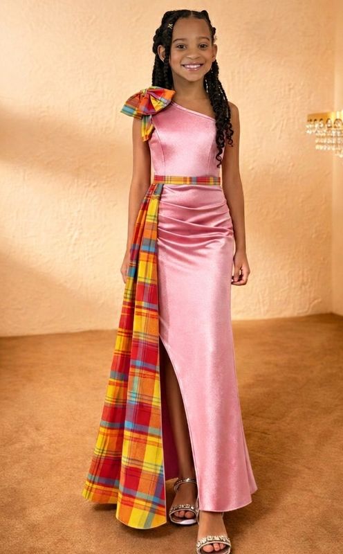 Robe fille asymétrique drapé asymétrique Madras Robe fille asymétrique drapé asymétrique Madras