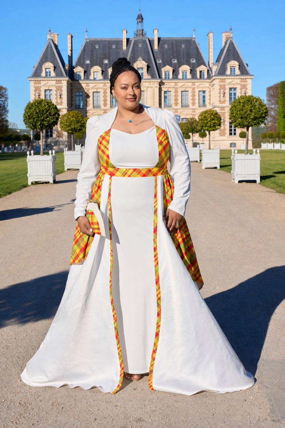 Robe asymétrique volumineux fendu drapé Madras