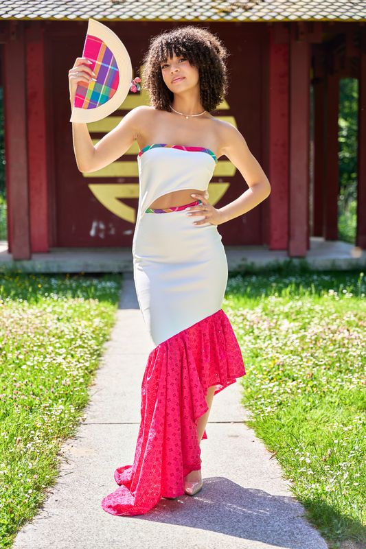 Robe bustier fendue Asymétrique Blanche Madras et broderie anglaise