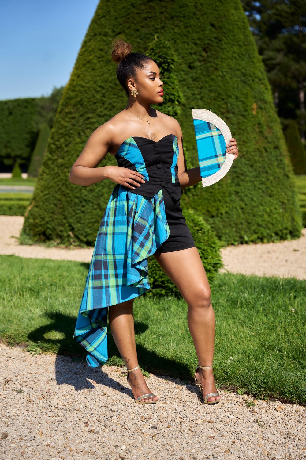Combinaison bustier short asymétrique Madras