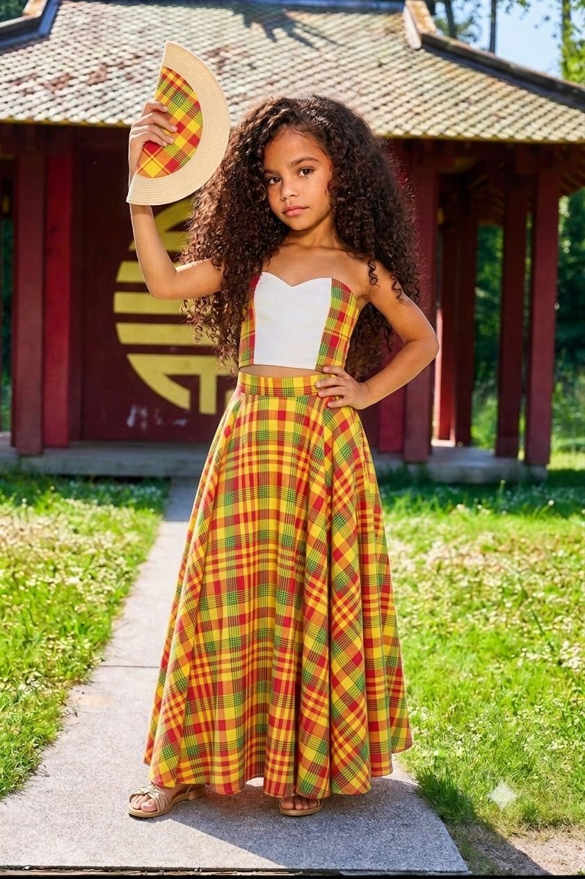 Ensemble Jupe trapèze fille Madras et top bustier Ensemble Jupe trapèze fille Madras et top bustier