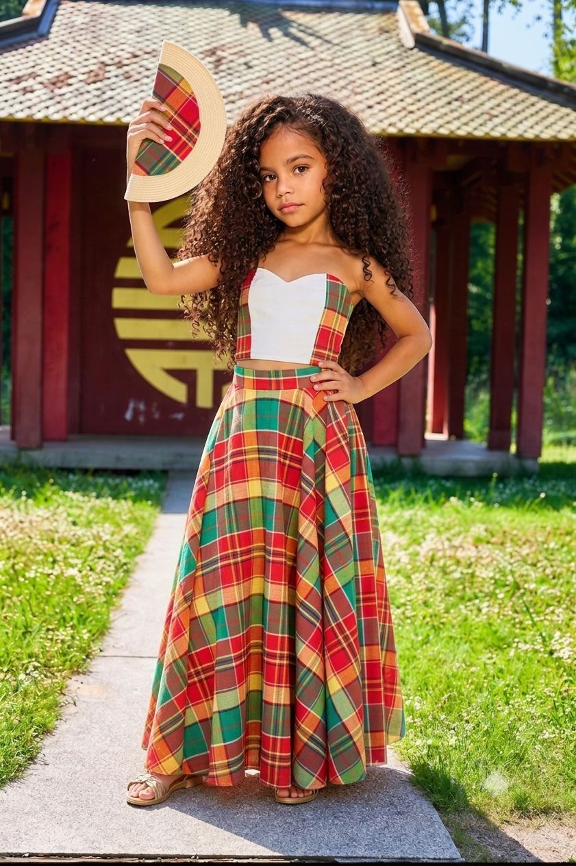 Ensemble Jupe trapèze fille Madras et top bustier Ensemble Jupe trapèze fille Madras et top bustier